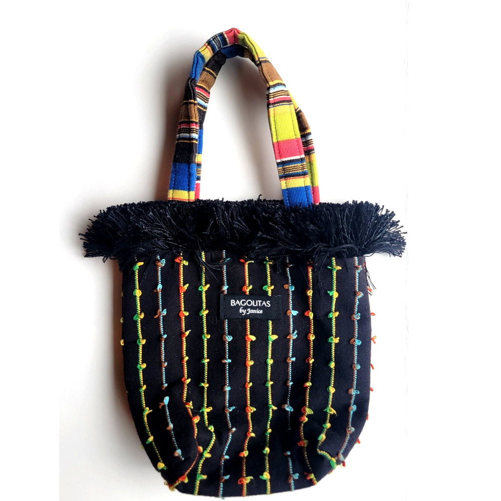 BAGOLITAS by Janice Colorful Black Fringe Handbag • Multipurpose Fabric Purse •